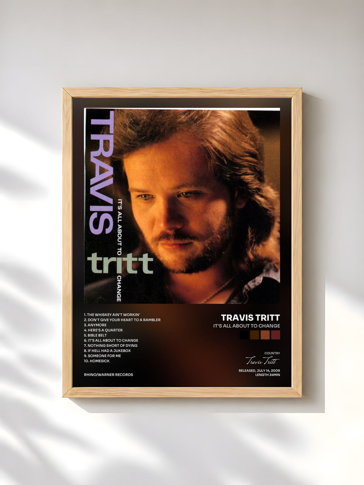 #bois Tableau de l'album It's All About to Change de Travis Tritt, cadre en bois brut, imprimé et encadré en France