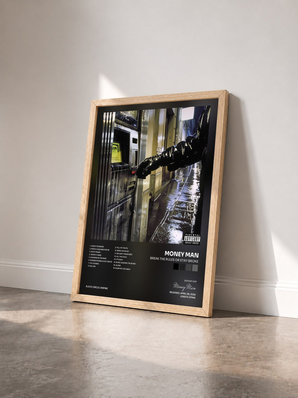 #bois Tableau de l'album Break The Rules Or Stay Broke de Money Man vu de trois quarts, cadre en bois brut