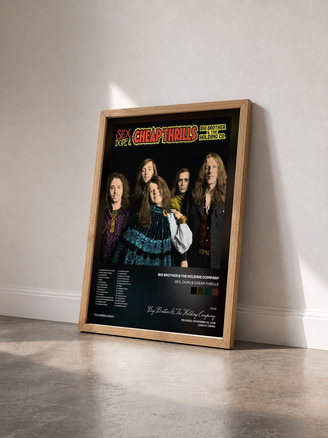 #bois Tableau de l'album Sex, Dope & Cheap Thrills de Big Brother & The Holding Company vu de trois quarts, cadre en bois brut