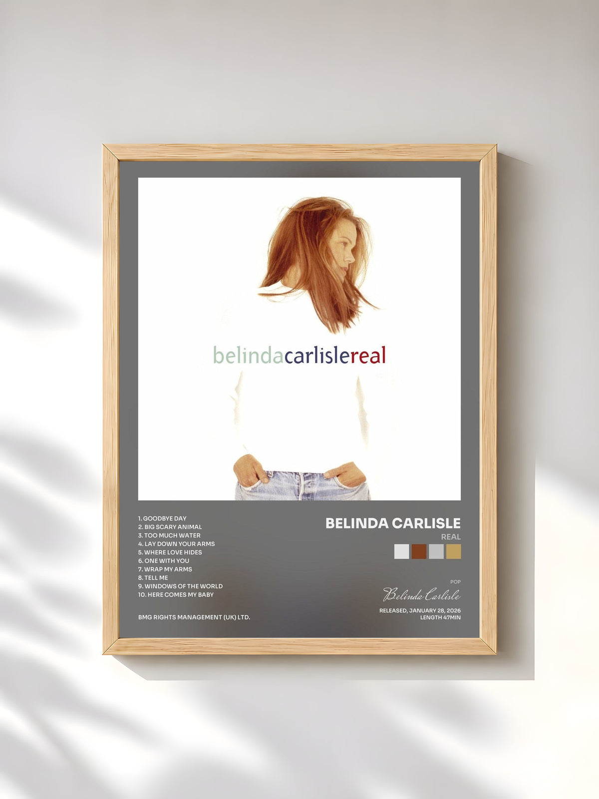 #bois Tableau de l'album Real de Belinda Carlisle, cadre en bois brut, imprimé et encadré en France