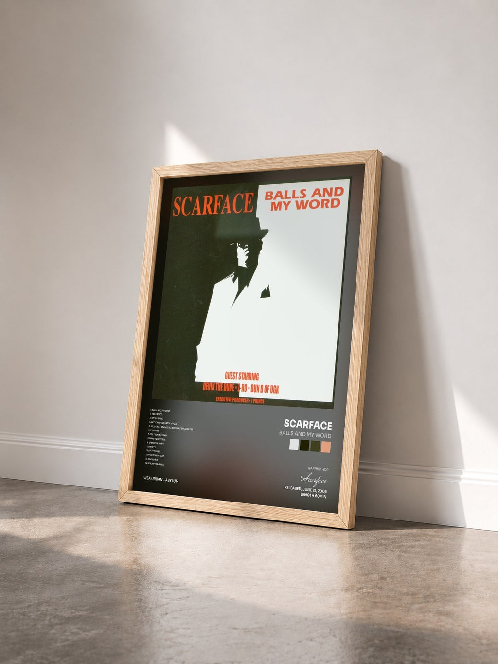 #bois Tableau de l'album Balls And My Word de Scarface vu de trois quarts, cadre en bois brut