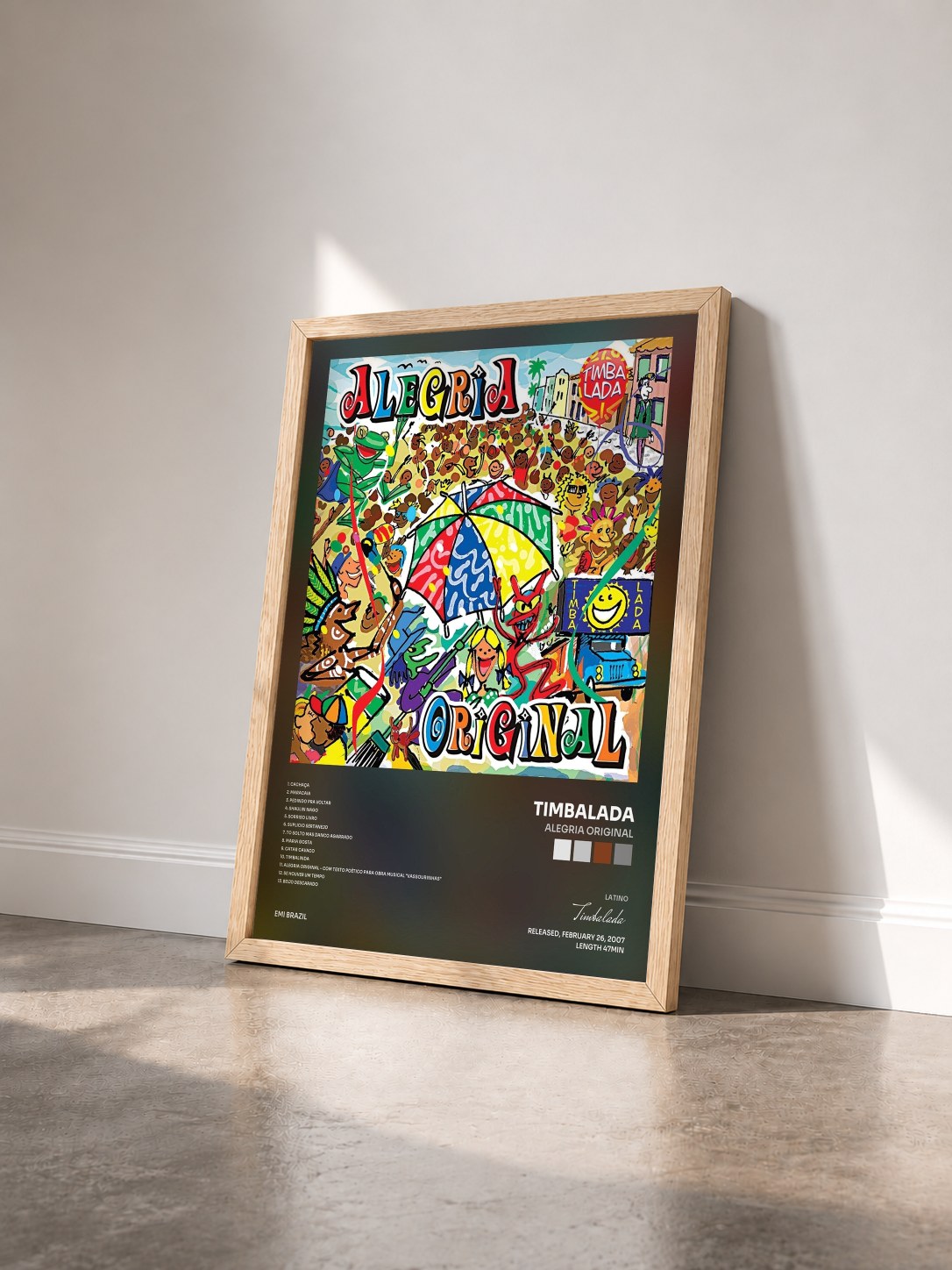 #bois Tableau de l'album Alegria Original de Timbalada vu de trois quarts, cadre en bois brut