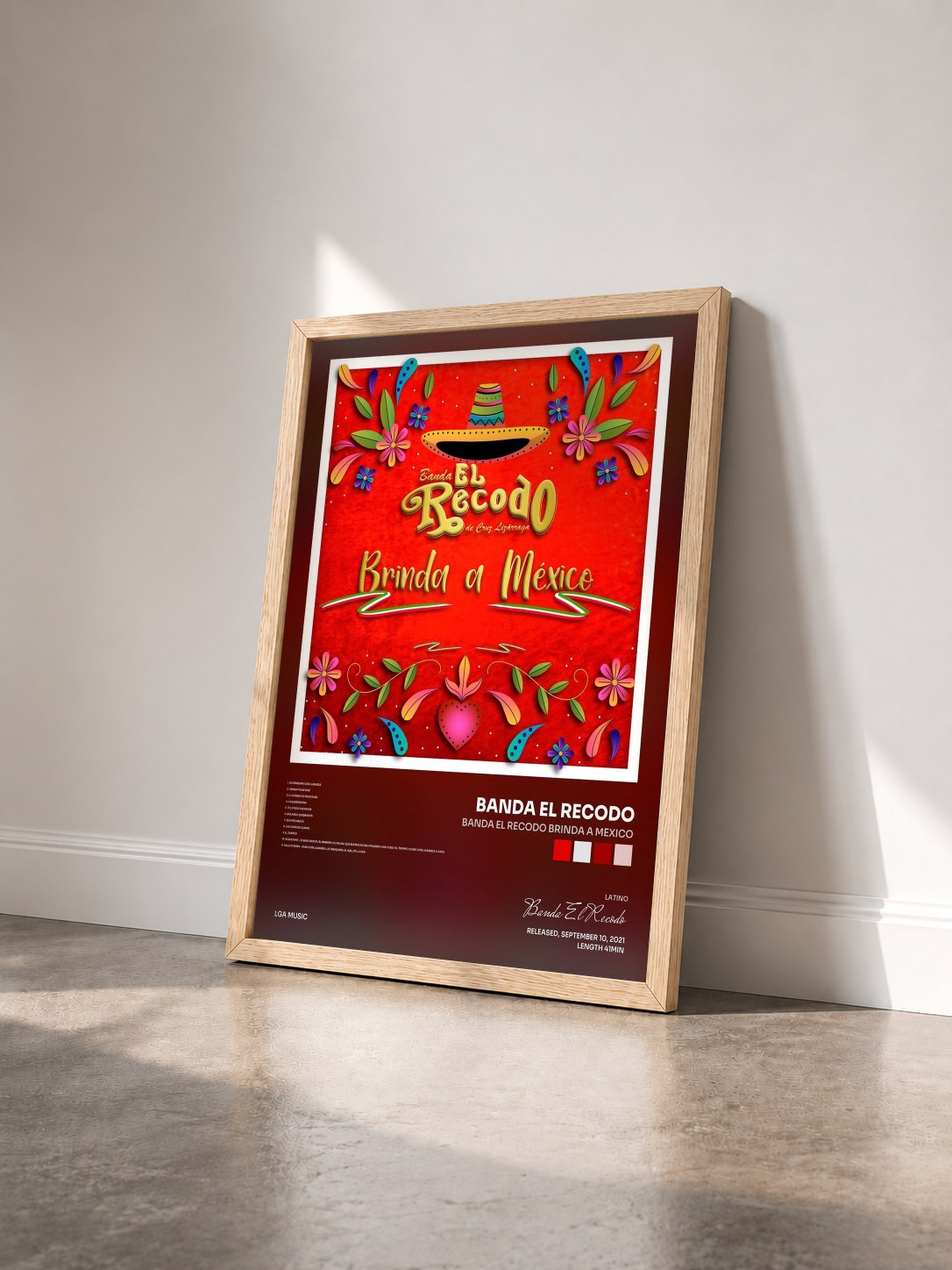 #bois Tableau de l'album Banda el Recodo Brinda a Mexico de Banda El Recodo vu de trois quarts, cadre en bois brut