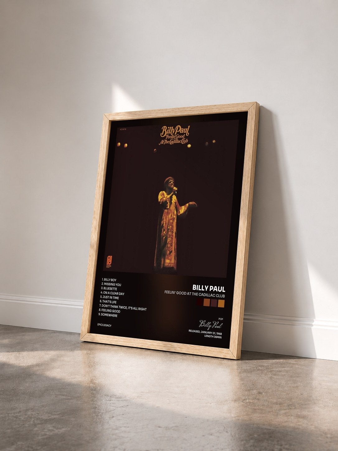 #bois Tableau de l'album Feelin' Good at the Cadillac Club de Billy Paul vu de trois quarts, cadre en bois brut