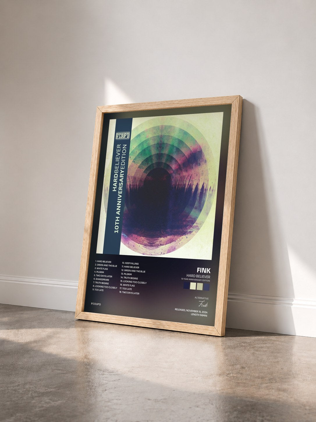 #bois Tableau de l'album Hard Believer (10 Year Anniversary Edition) de Fink vu de trois quarts, cadre en bois brut