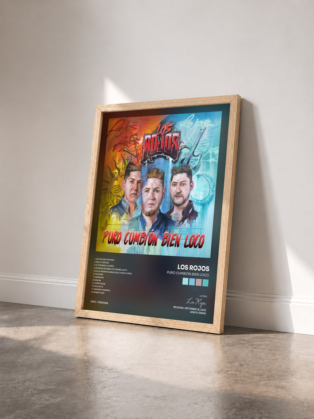 #bois Tableau de l'album Puro Cumbión Bien Loco de Los Rojos vu de trois quarts, cadre en bois brut