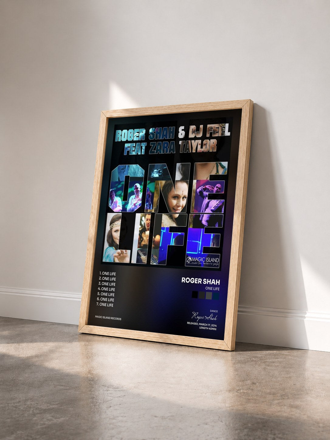 #bois Tableau de l'album One Life de Roger Shah vu de trois quarts, cadre en bois brut