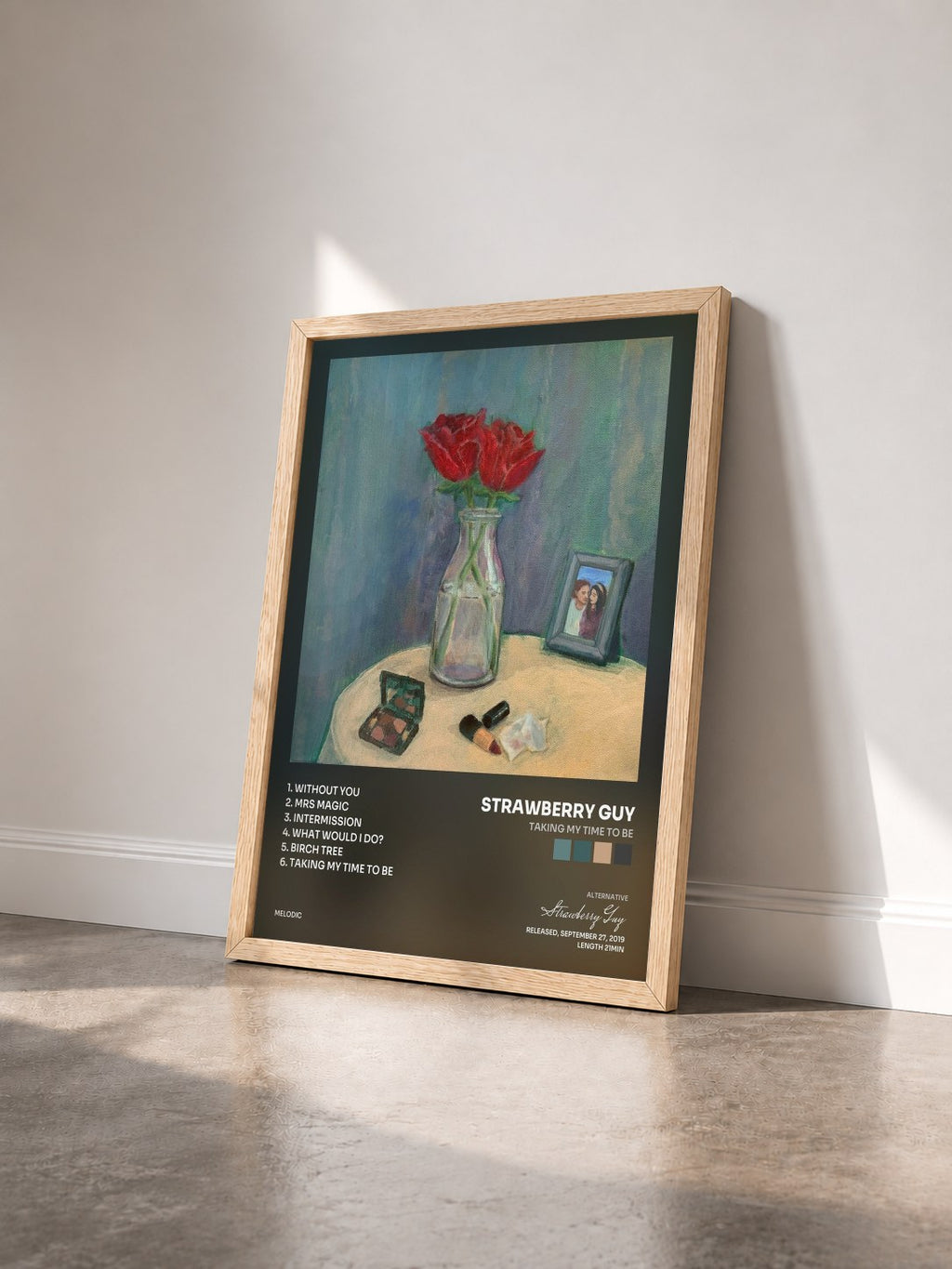 #bois Tableau de l'album Taking My Time to Be de Strawberry Guy vu de trois quarts, cadre en bois brut