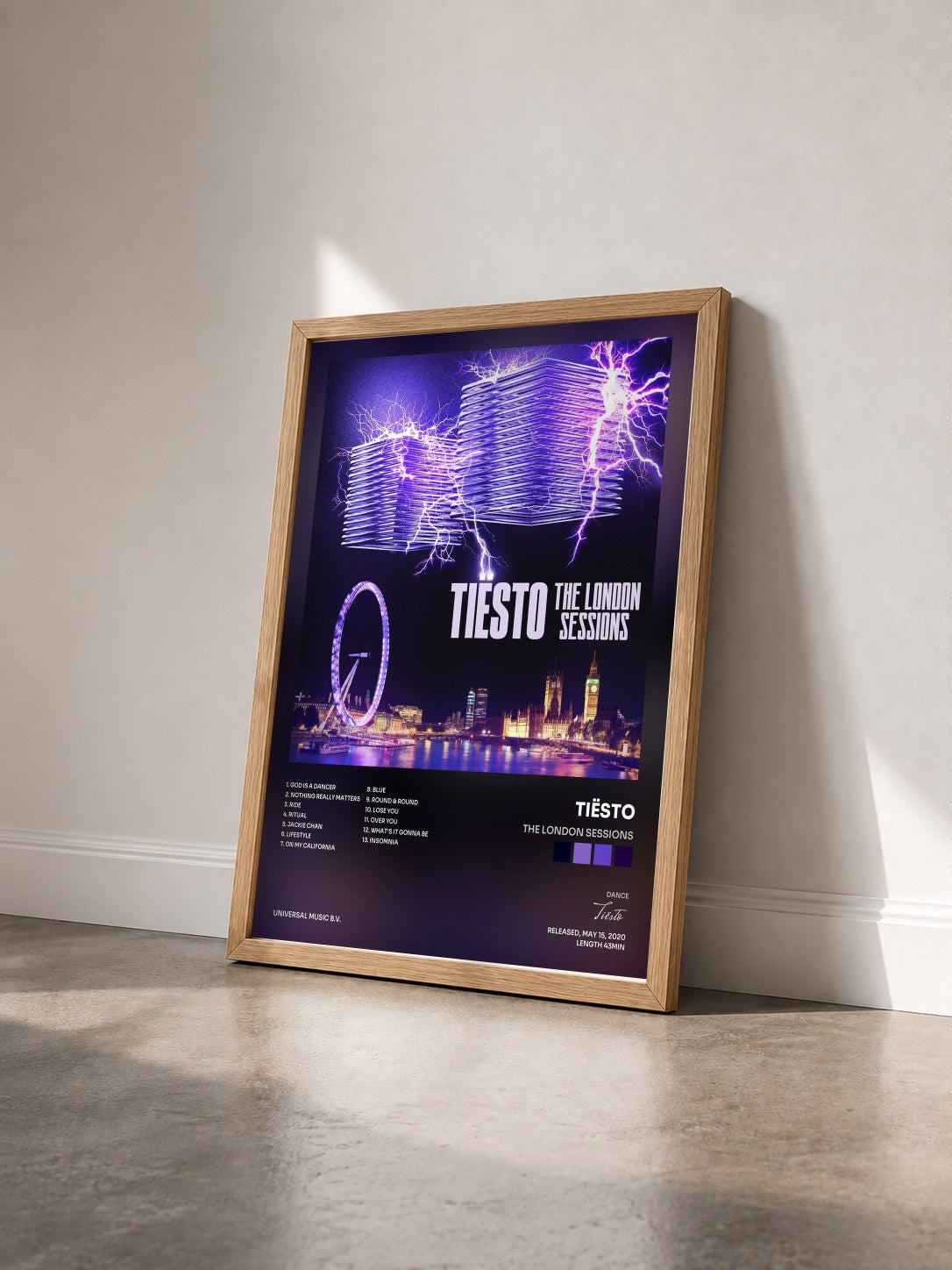 #bois Tableau de l'album The London Sessions de Tiësto vu de trois quarts, cadre en bois brut