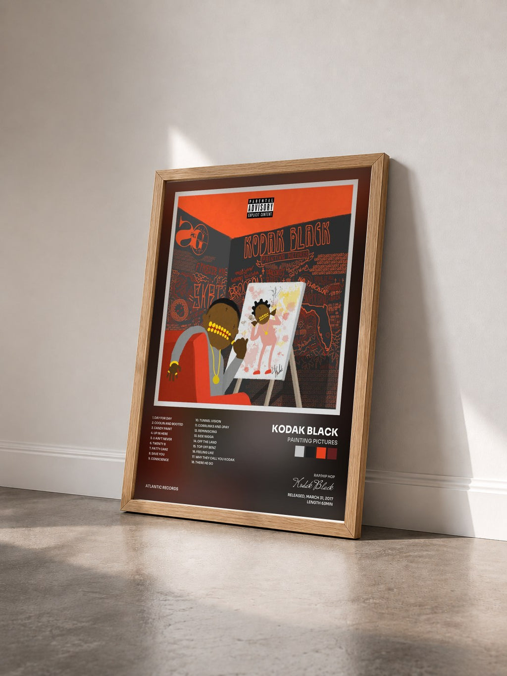 #bois Tableau de l'album Painting Pictures de Kodak Black vu de trois quarts, cadre en bois brut