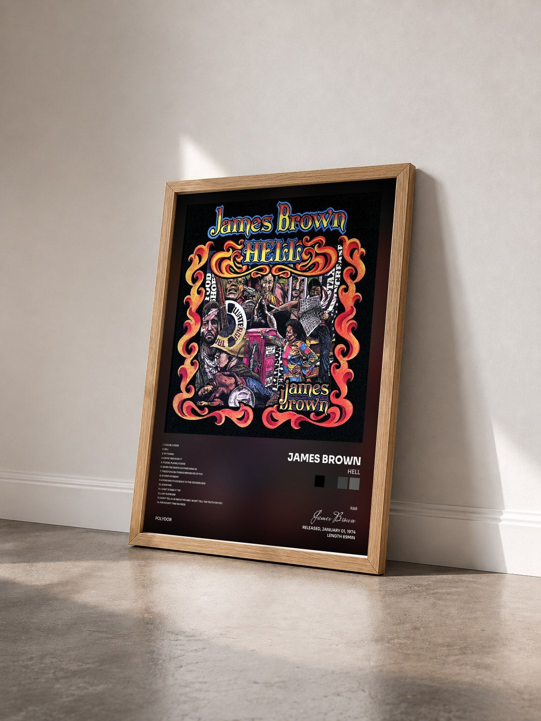 #bois Tableau de l'album Hell de James Brown vu de trois quarts, cadre en bois brut