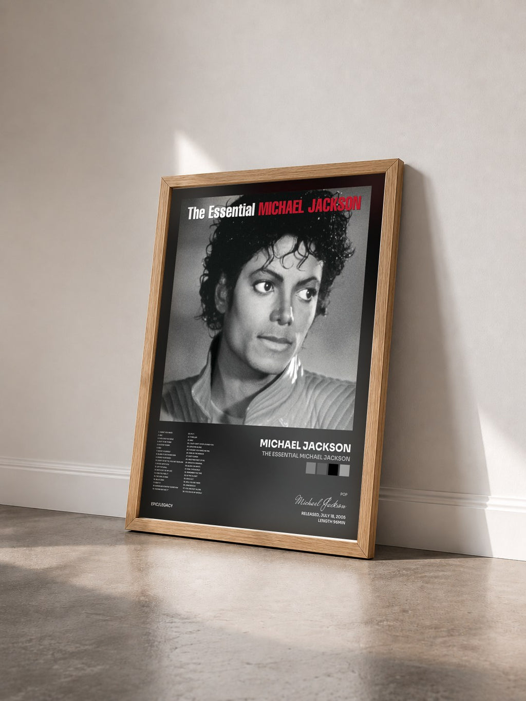 #bois Tableau de l'album The Essential Michael Jackson de Michael Jackson vu de trois quarts, cadre en bois brut