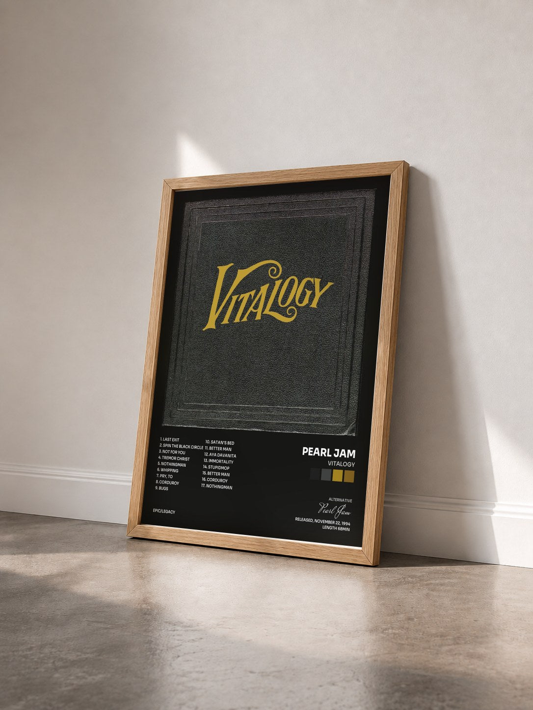 #bois Tableau de l'album Vitalogy de Pearl Jam vu de trois quarts, cadre en bois brut