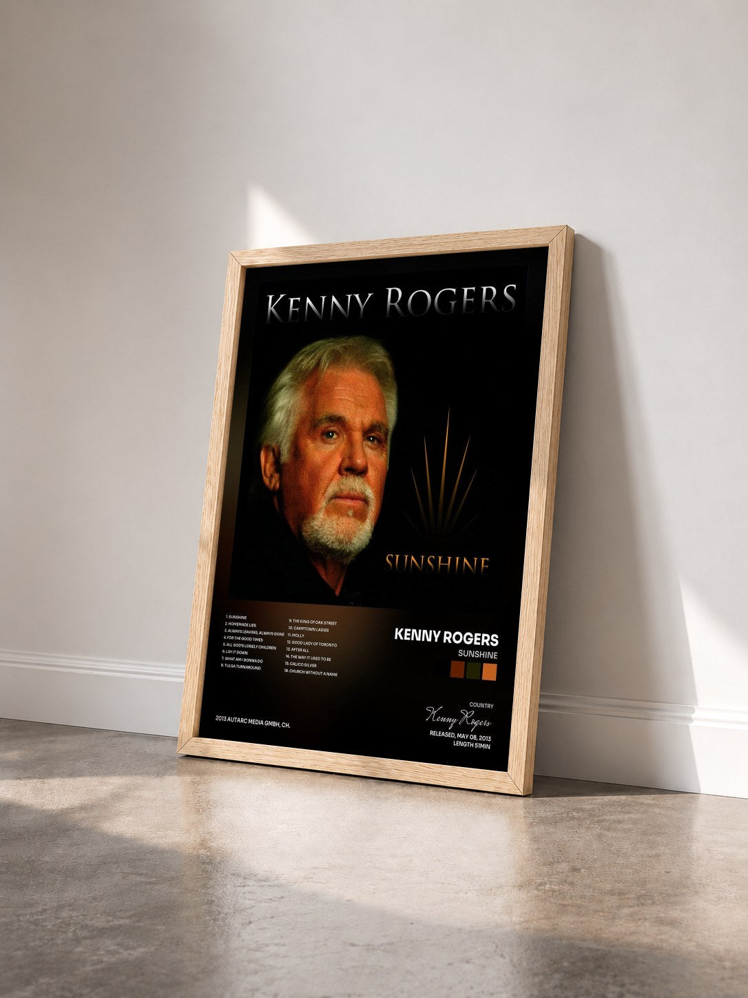 #bois Tableau de l'album Sunshine de Kenny Rogers vu de trois quarts, cadre en bois brut