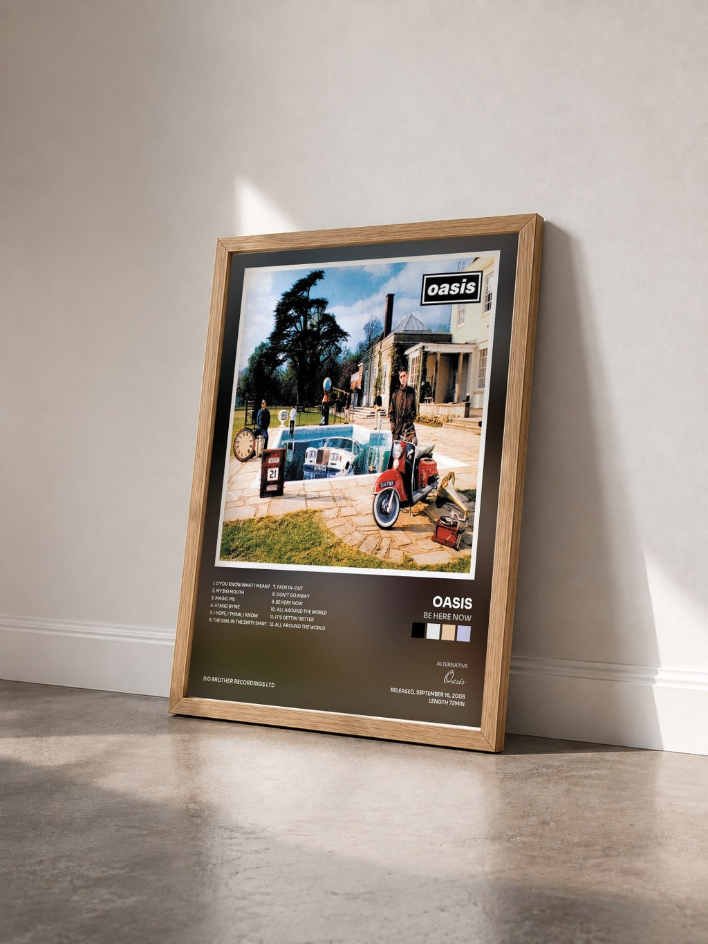 #bois Tableau de l'album Be Here Now de Oasis vu de trois quarts, cadre en bois brut