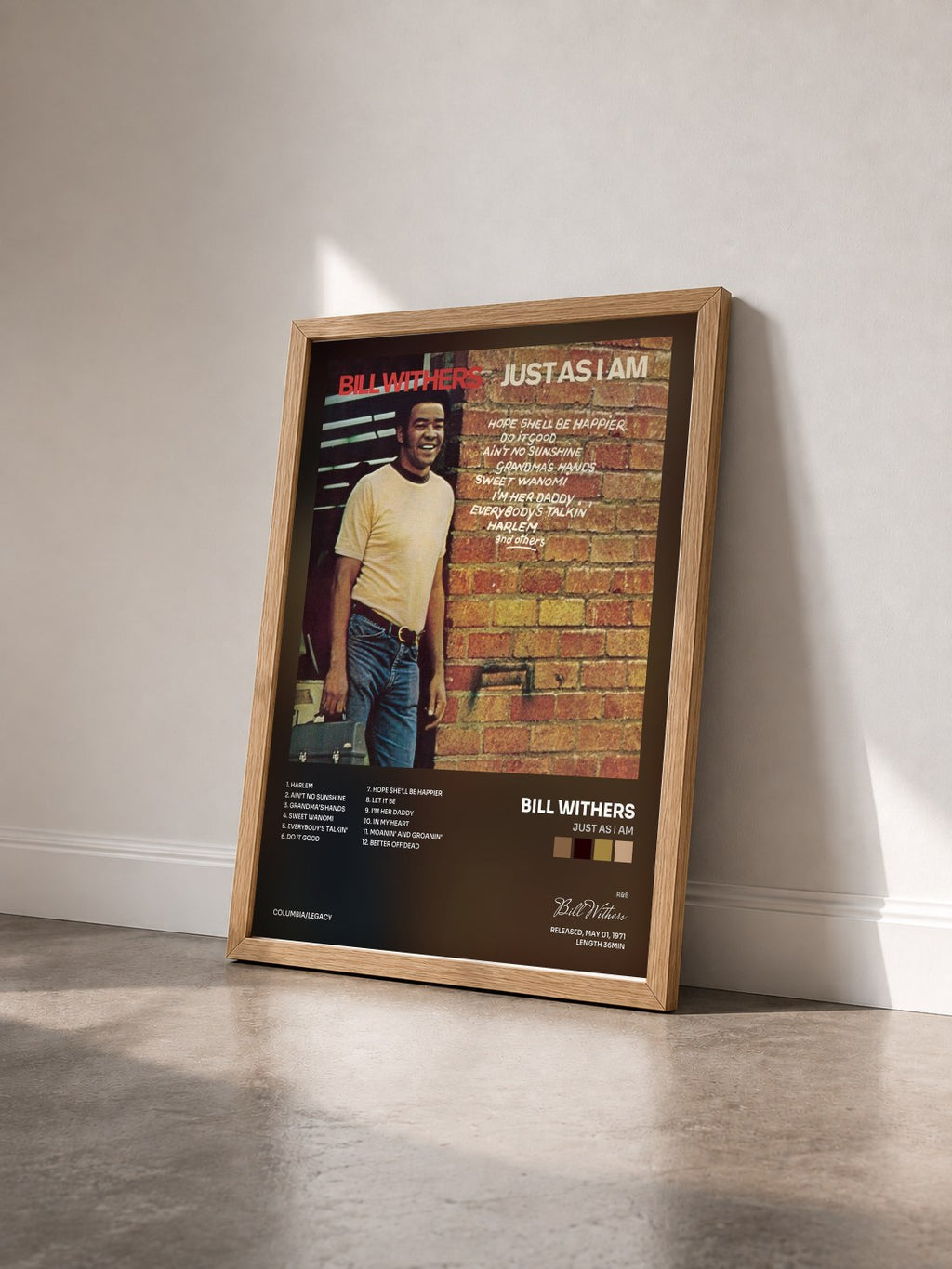 #bois Tableau de l'album Just As I Am de Bill Withers vu de trois quarts, cadre en bois brut