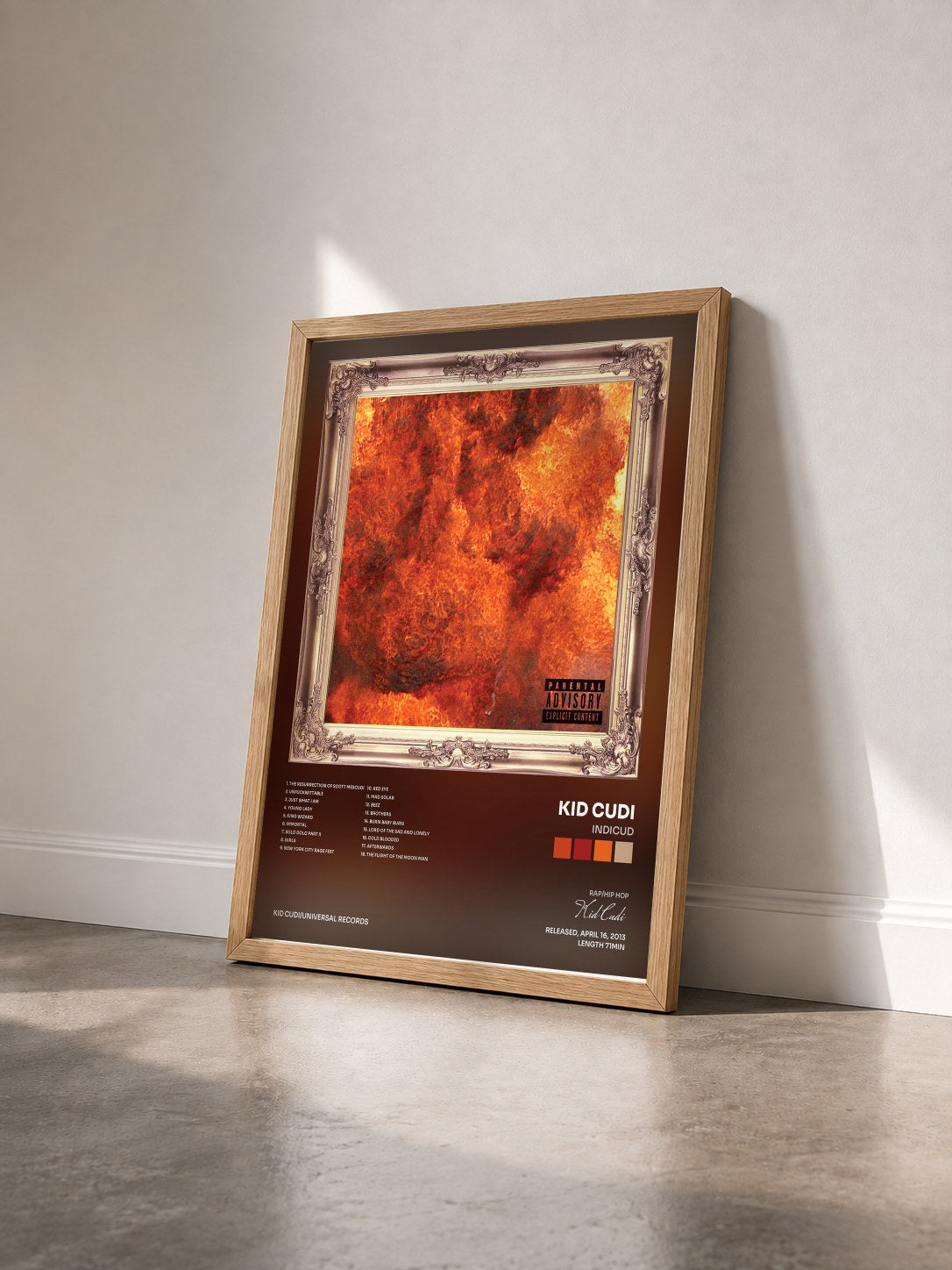#bois Tableau de l'album Indicud de Kid Cudi vu de trois quarts, cadre en bois brut