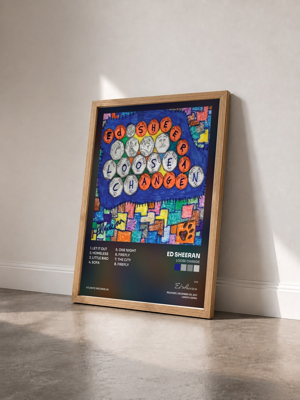 #bois Tableau de l'album Loose Change de Ed Sheeran vu de trois quarts, cadre en bois brut