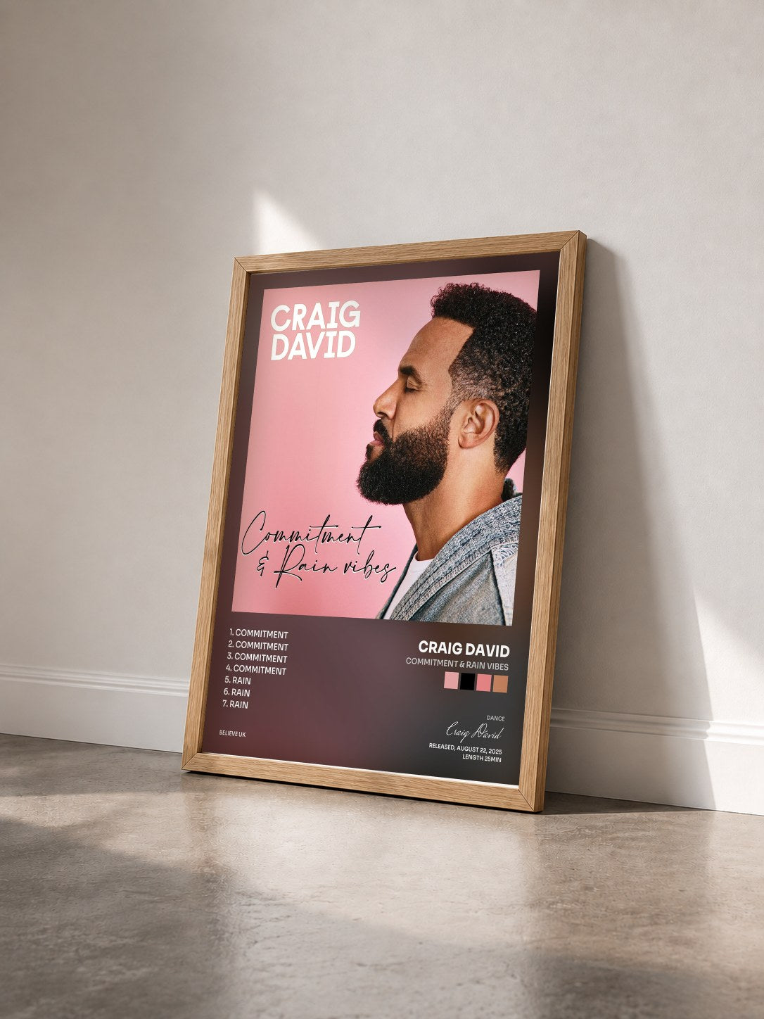 #bois Tableau de l'album Commitment & Rain Vibes de Craig David vu de trois quarts, cadre en bois brut