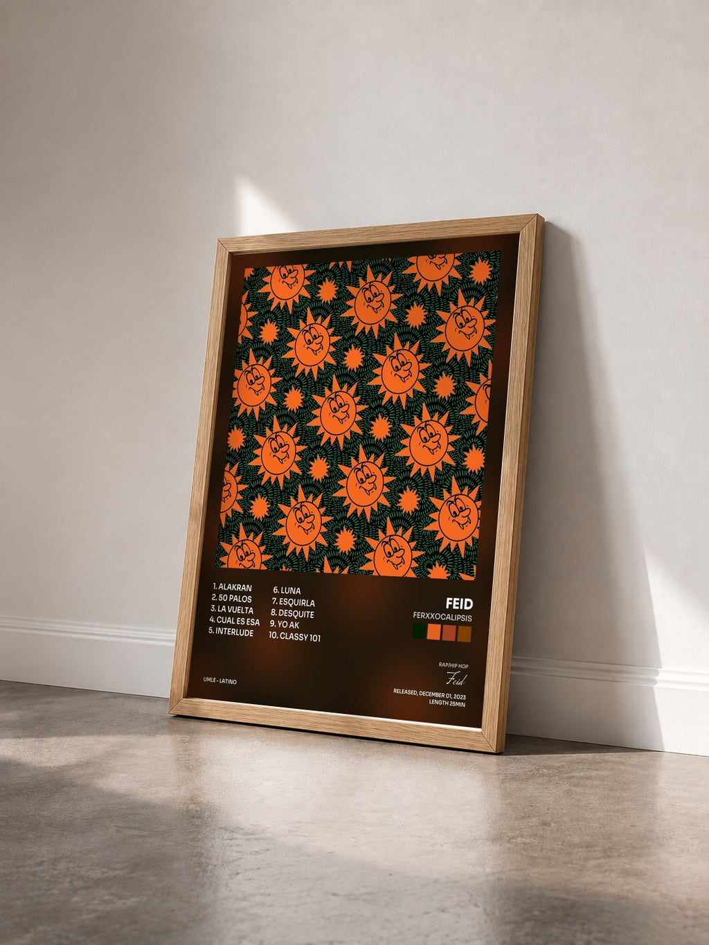 #bois Tableau de l'album FERXXOCALIPSIS de Feid vu de trois quarts, cadre en bois brut