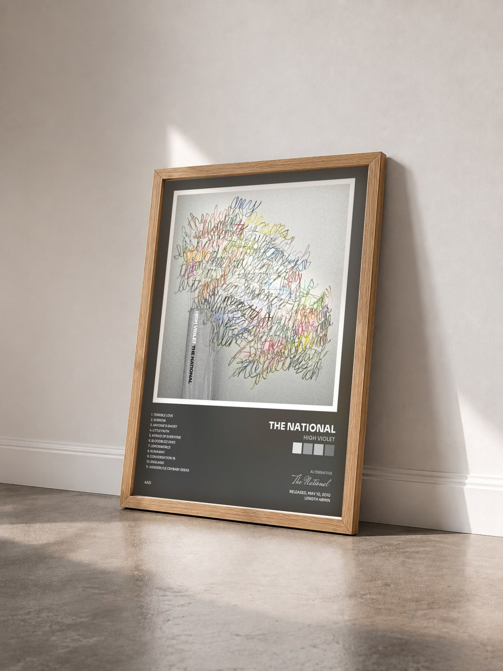 #bois Tableau de l'album High Violet de The National vu de trois quarts, cadre en bois brut