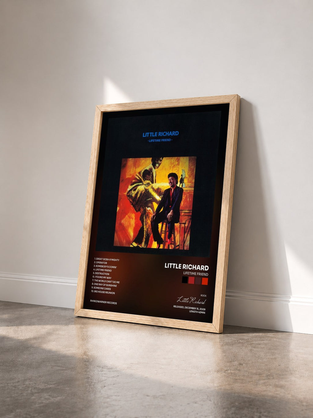 #bois Tableau de l'album Lifetime Friend de Little Richard vu de trois quarts, cadre en bois brut