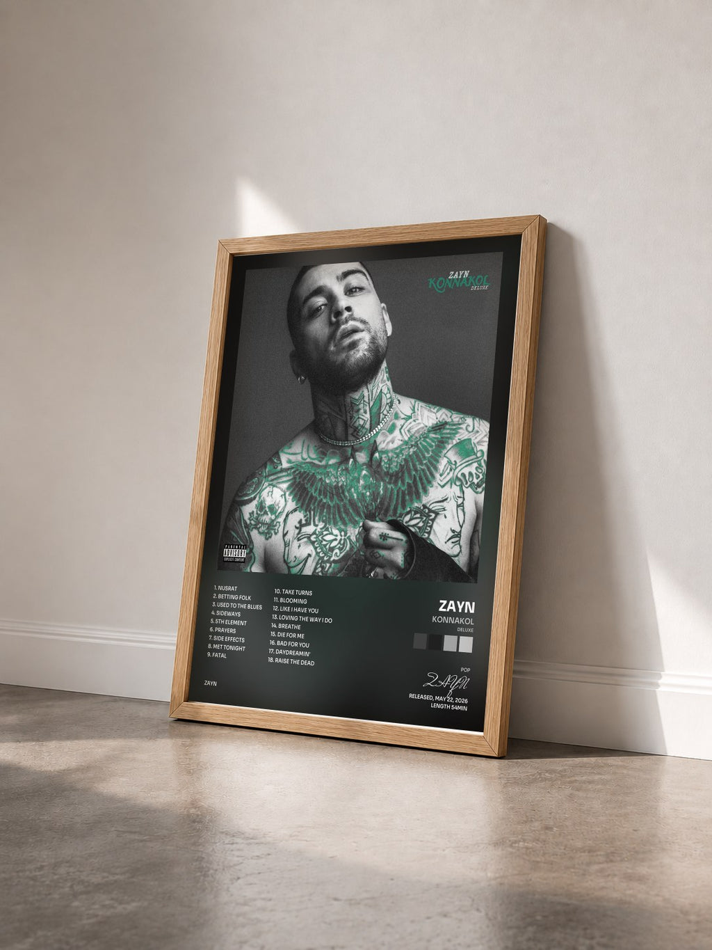 #bois Tableau de l'album KONNAKOL (Deluxe) de ZAYN vu de trois quarts, cadre en bois brut