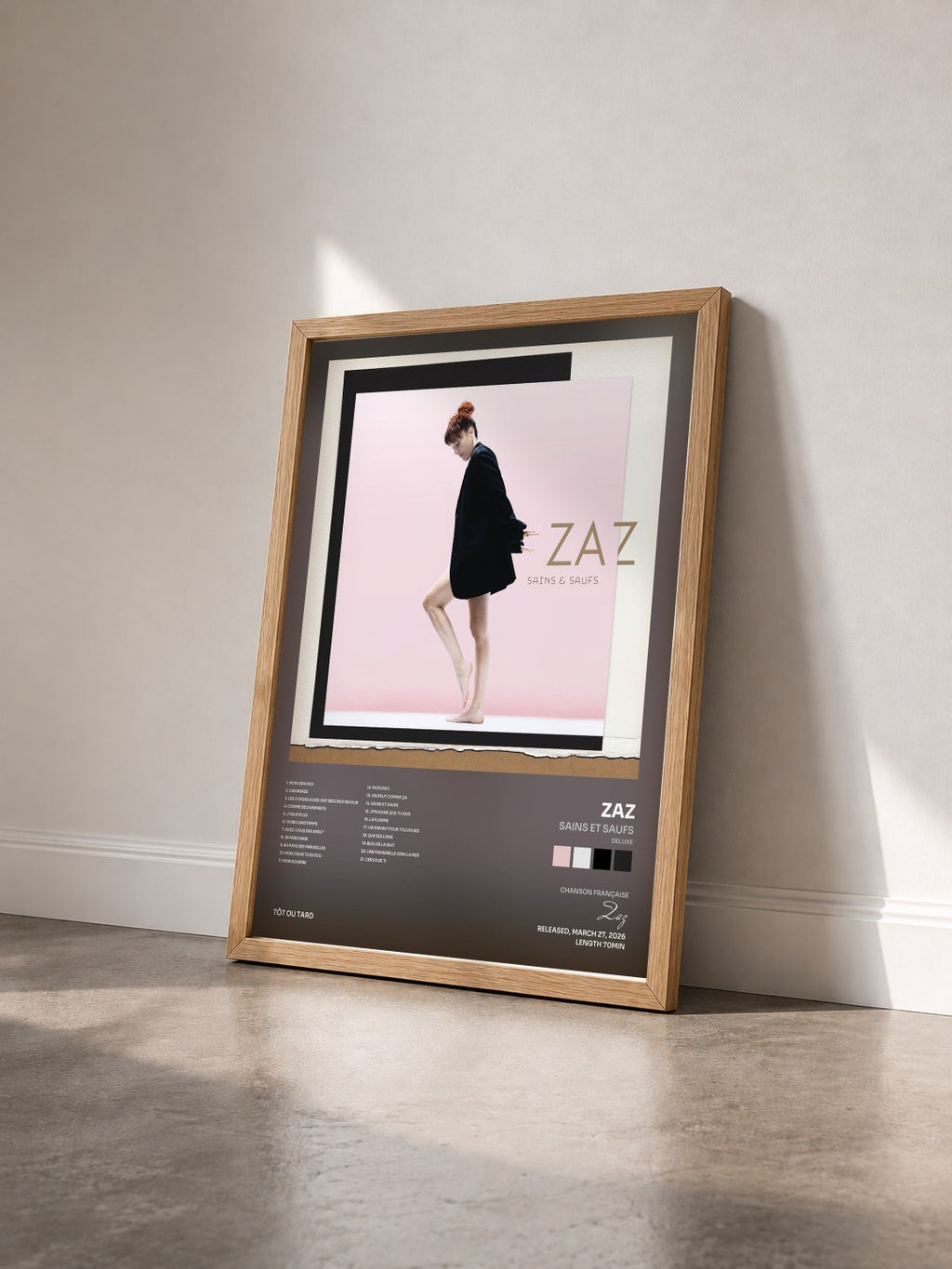 #bois Tableau de l'album Sains et saufs (Deluxe) de Zaz vu de trois quarts, cadre en bois brut