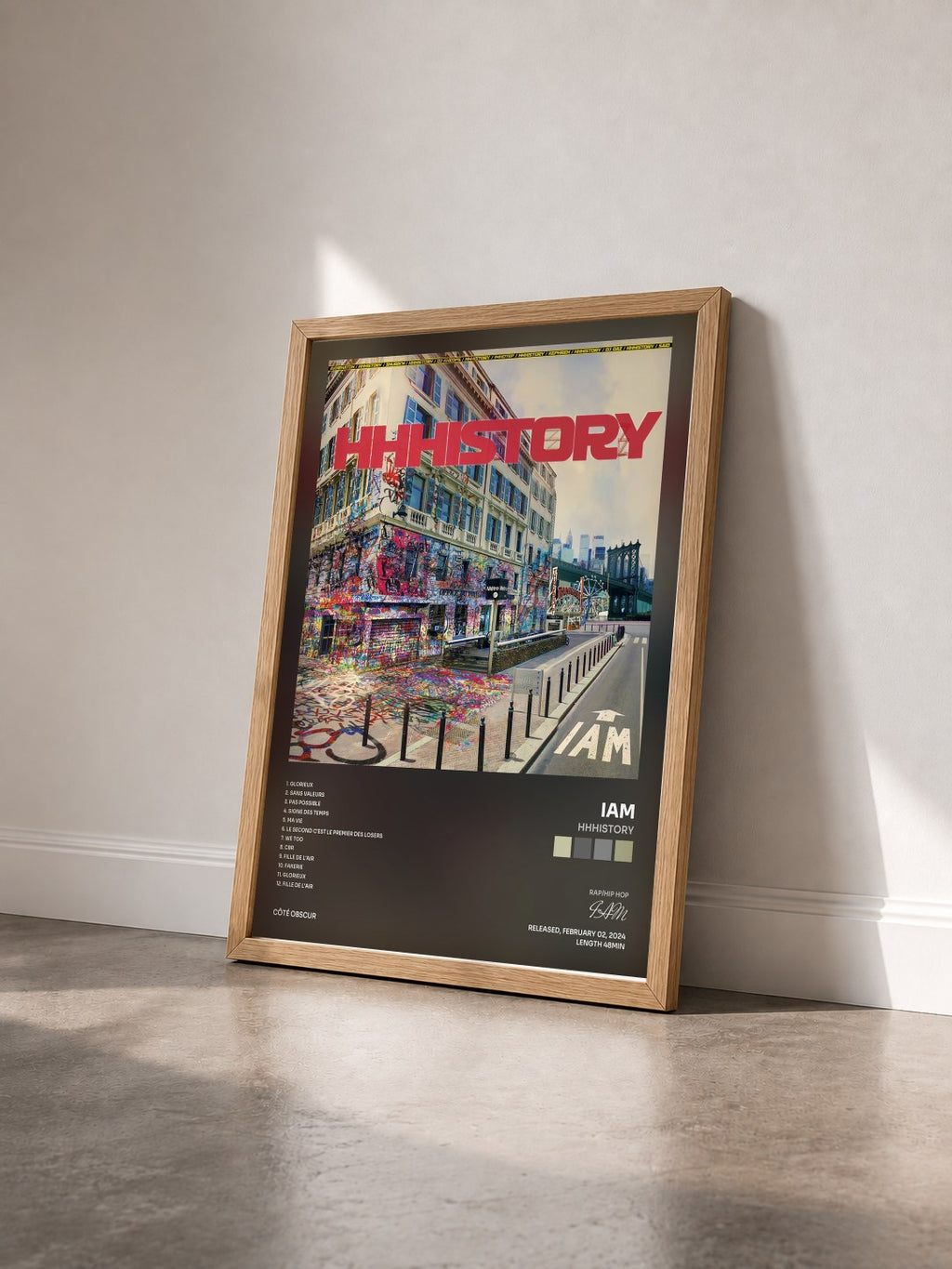 #bois Tableau de l'album HHHistory de IAM vu de trois quarts, cadre en bois brut