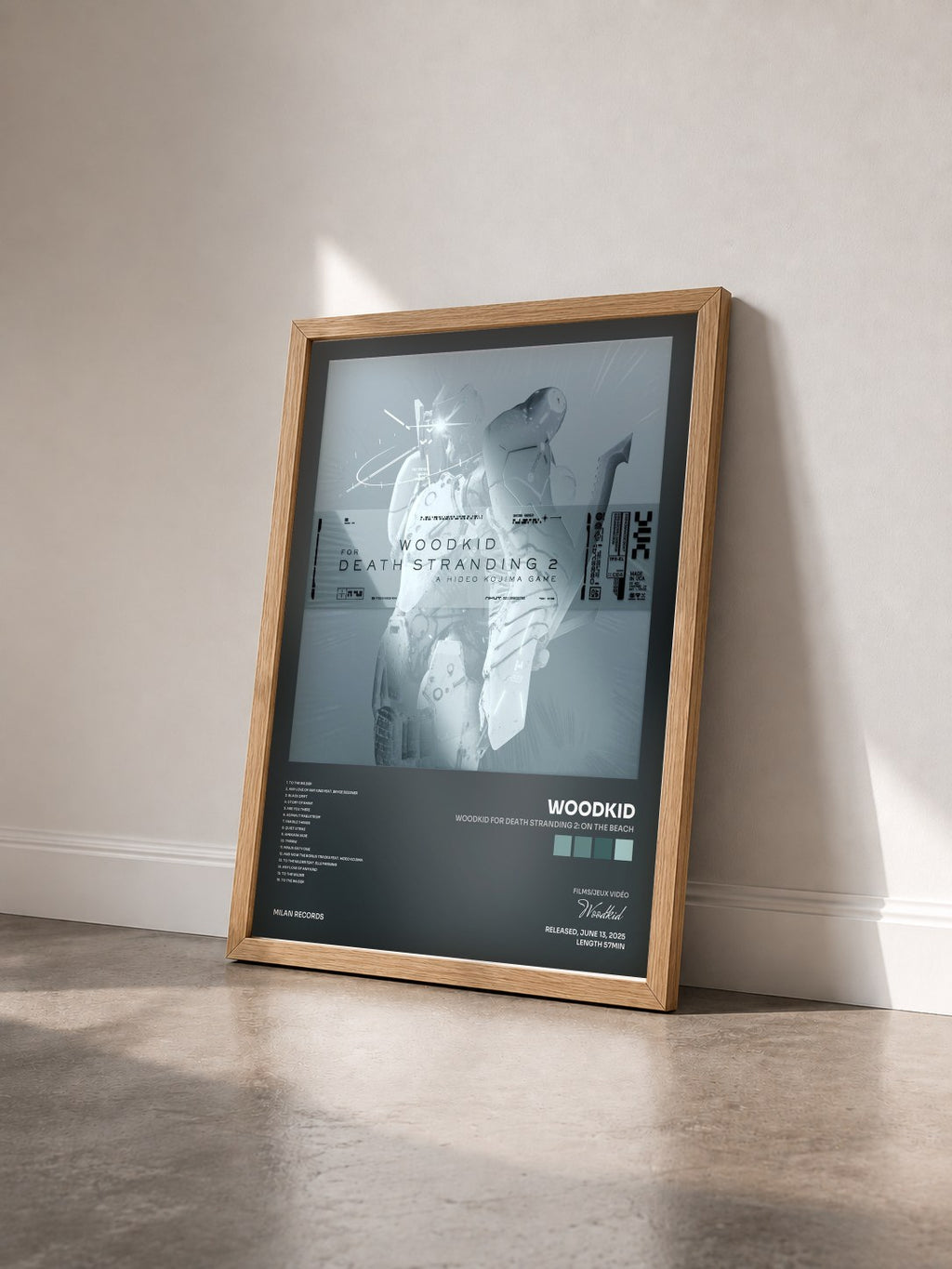 #bois Tableau de l'album WOODKID FOR DEATH STRANDING 2: ON THE BEACH de Woodkid vu de trois quarts, cadre en bois brut