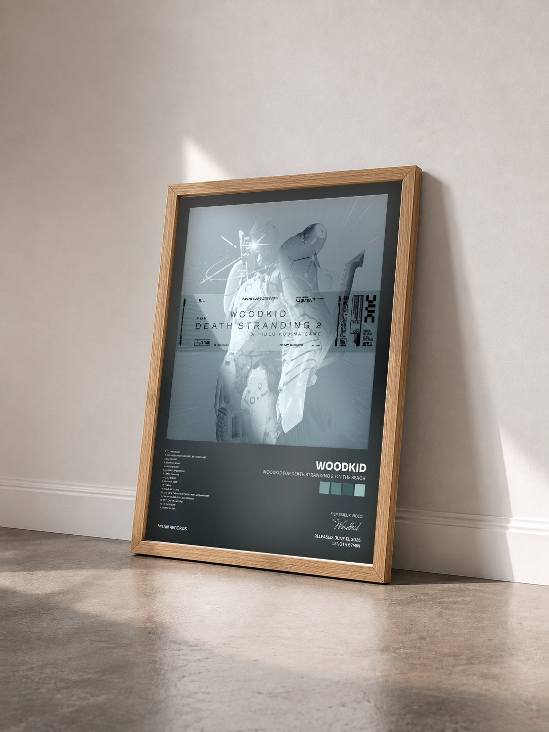 #bois Tableau de l'album WOODKID FOR DEATH STRANDING 2: ON THE BEACH de Woodkid vu de trois quarts, cadre en bois brut