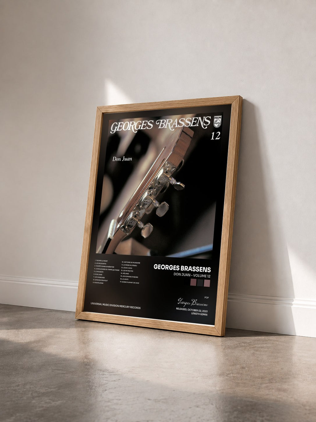 #bois Tableau de l'album Don Juan - Volume 12 de Georges Brassens vu de trois quarts, cadre en bois brut