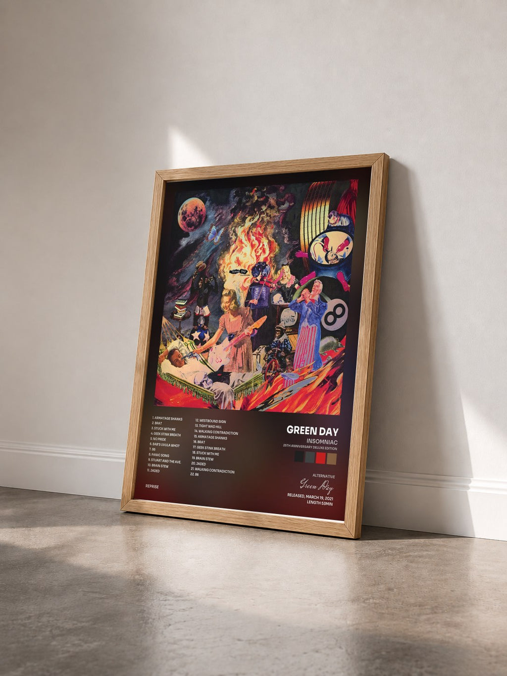 #bois Tableau de l'album Insomniac (25th Anniversary Deluxe Edition) de Green Day vu de trois quarts, cadre en bois brut
