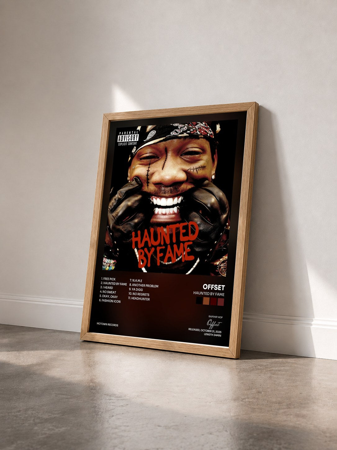 #bois Tableau de l'album HAUNTED BY FAME de Offset vu de trois quarts, cadre en bois brut