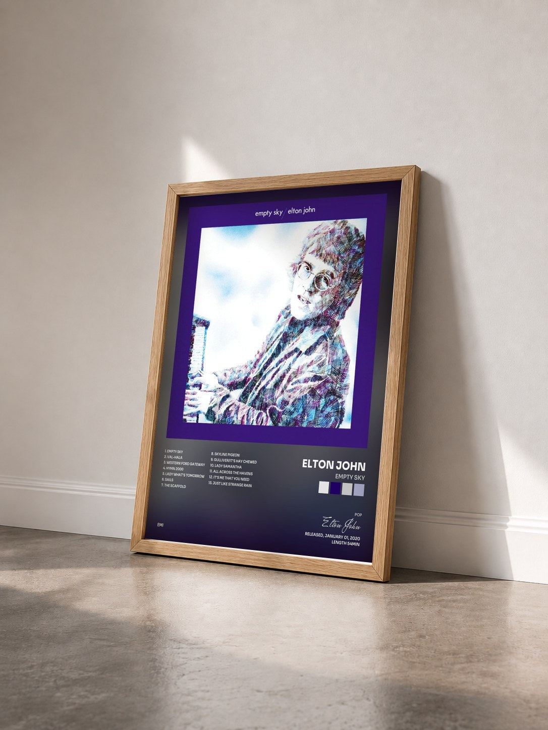 #bois Tableau de l'album Empty Sky de Elton John vu de trois quarts, cadre en bois brut