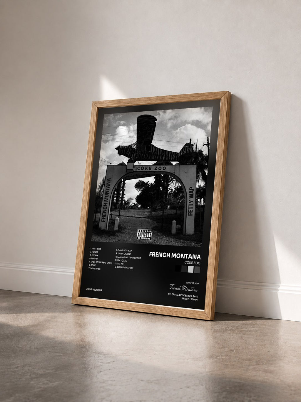 #bois Tableau de l'album Coke Zoo de French Montana vu de trois quarts, cadre en bois brut