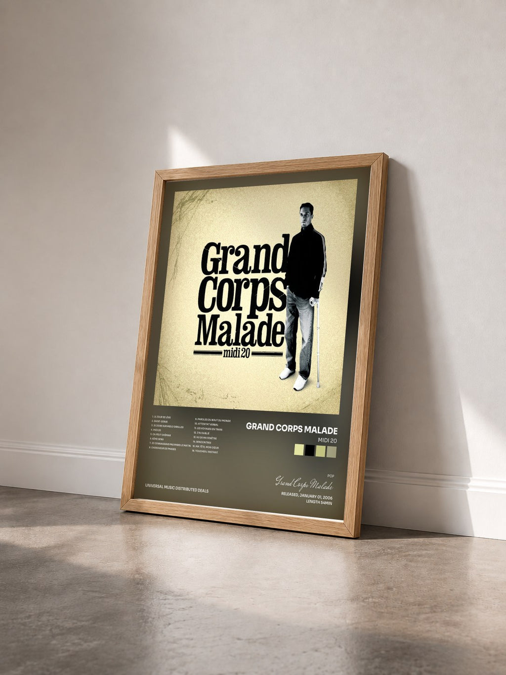 #bois Tableau de l'album Midi 20 de Grand Corps Malade vu de trois quarts, cadre en bois brut