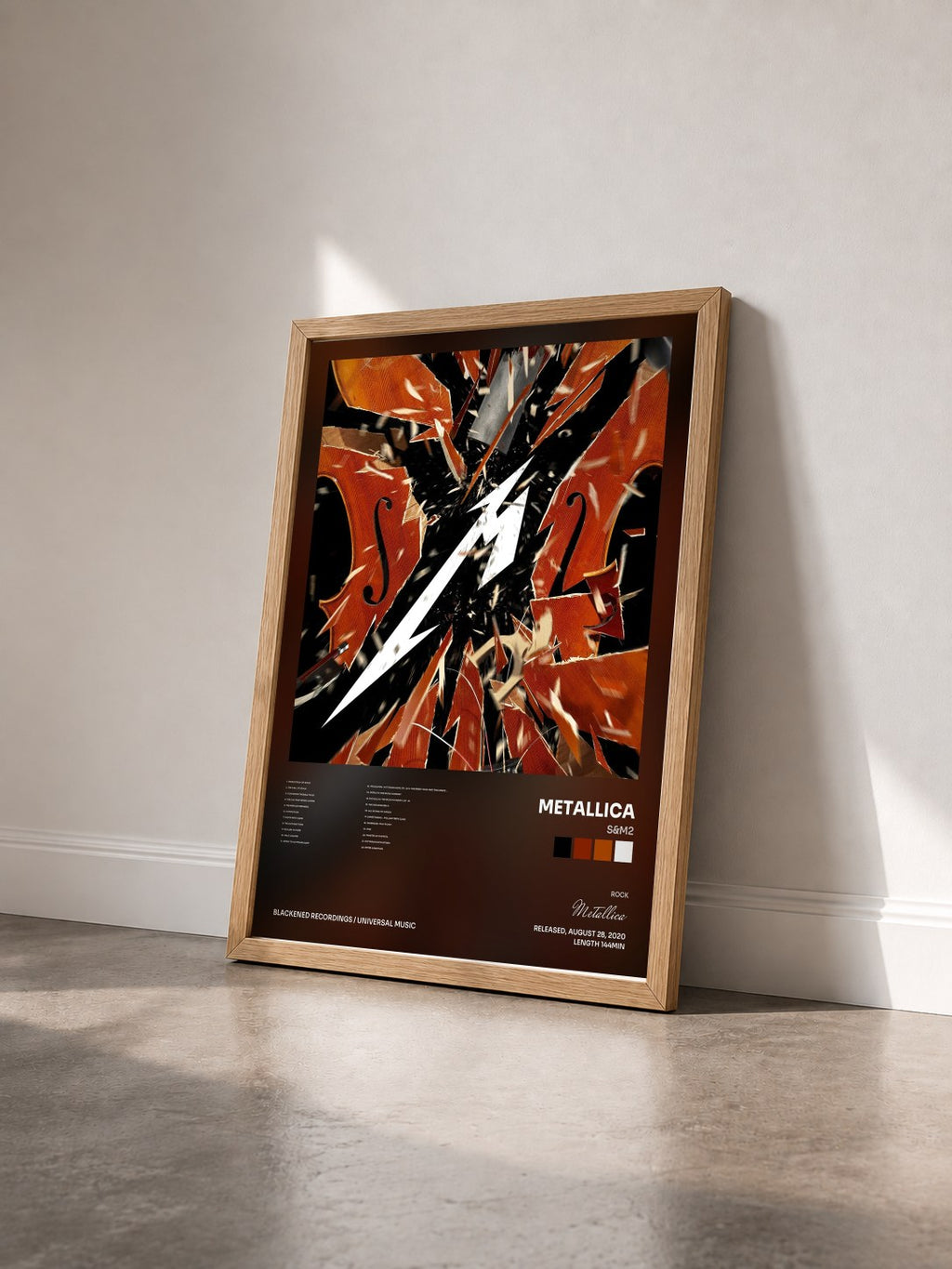#bois Tableau de l'album S&M2 de Metallica vu de trois quarts, cadre en bois brut