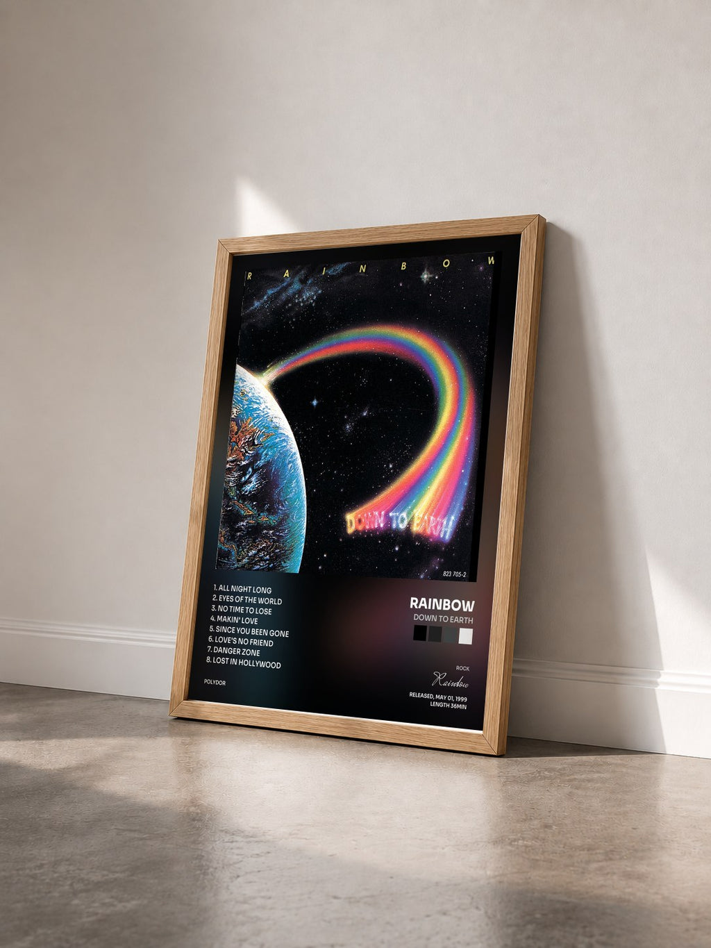#bois Tableau de l'album Down To Earth de Rainbow vu de trois quarts, cadre en bois brut