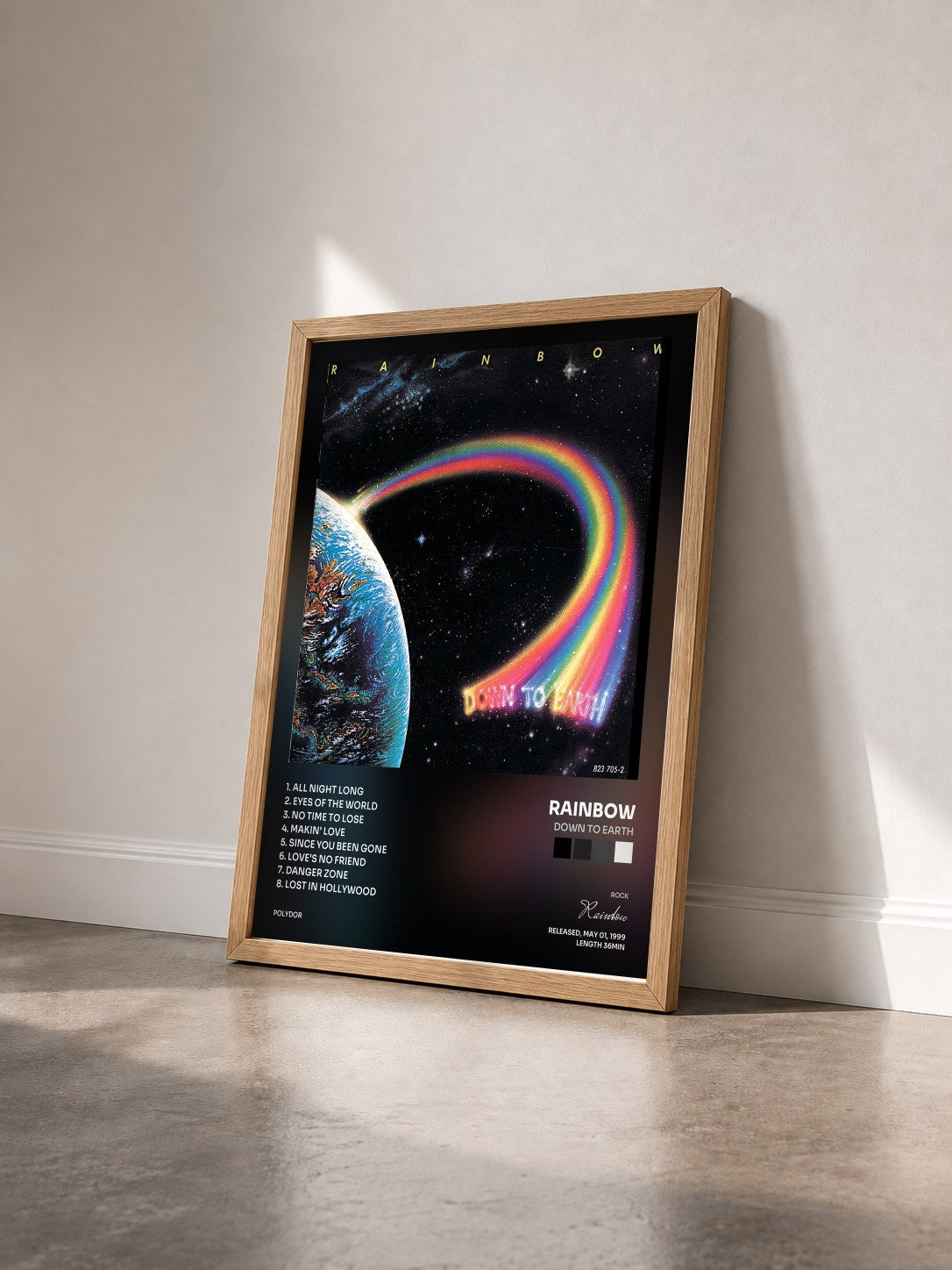 #bois Tableau de l'album Down To Earth de Rainbow vu de trois quarts, cadre en bois brut