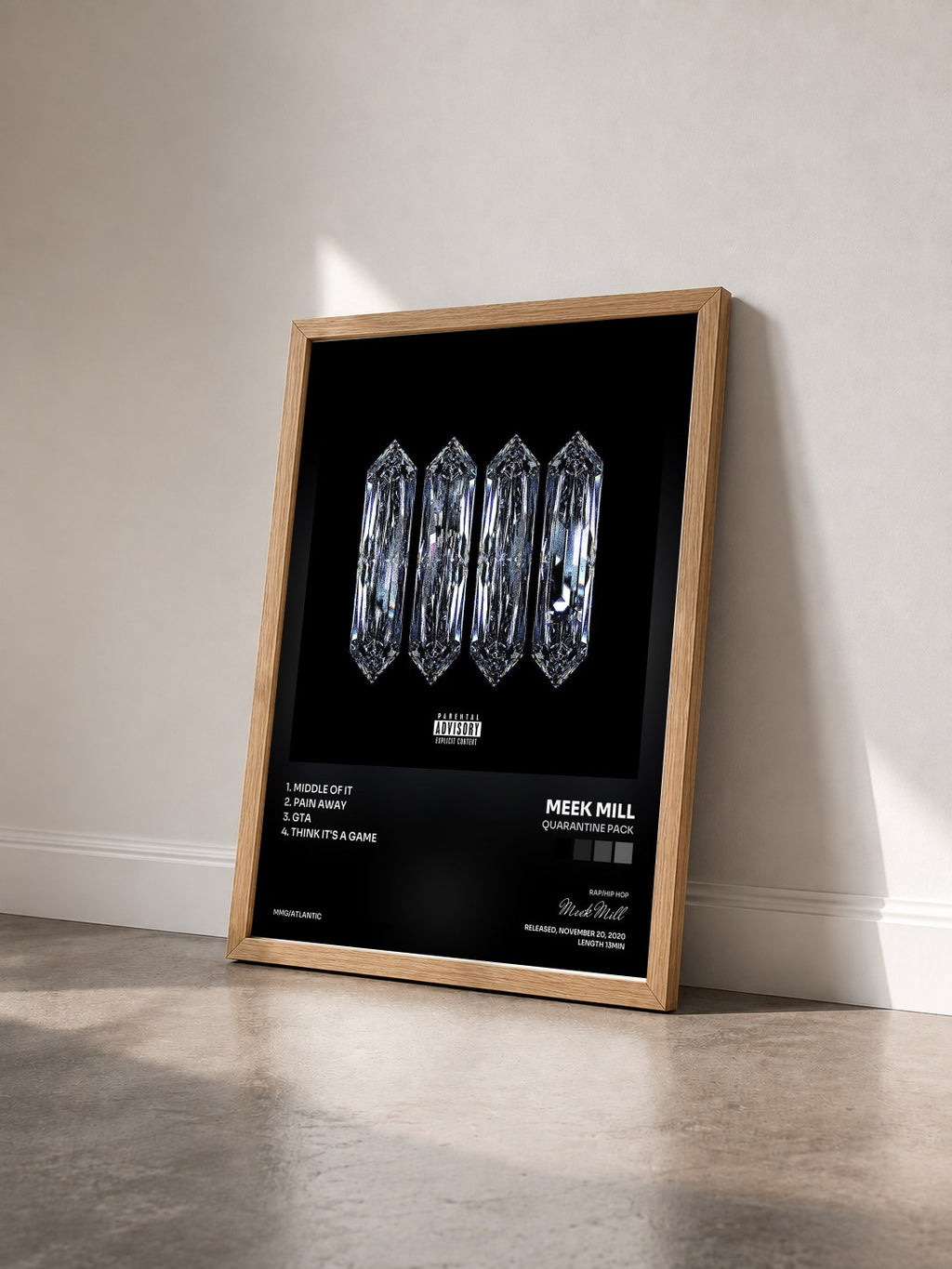 #bois Tableau de l'album QUARANTINE PACK de Meek Mill vu de trois quarts, cadre en bois brut
