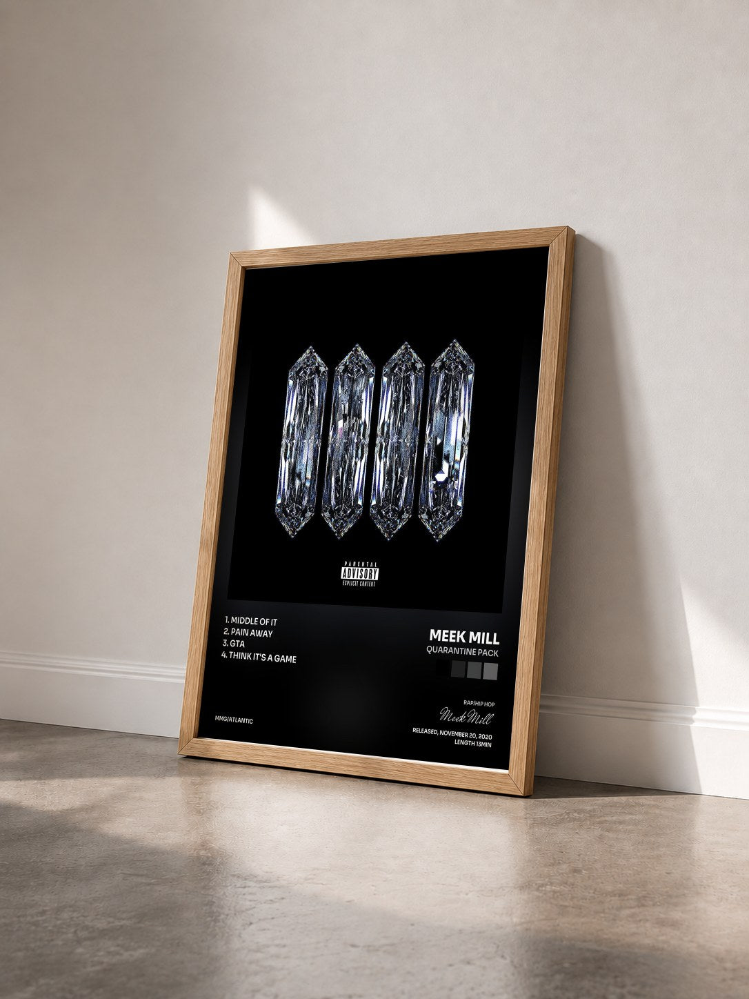 #bois Tableau de l'album QUARANTINE PACK de Meek Mill vu de trois quarts, cadre en bois brut