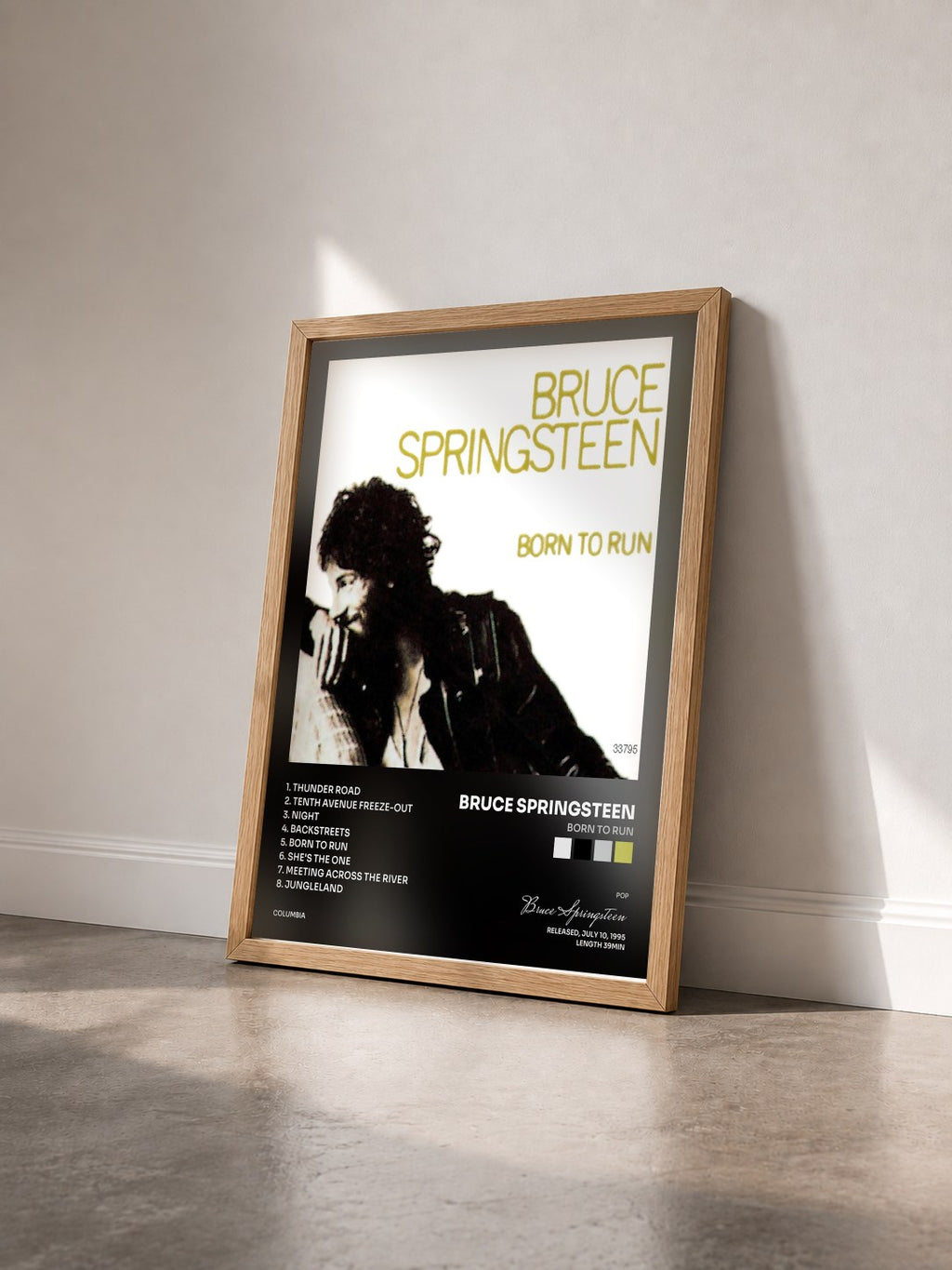 #bois Tableau de l'album BORN TO RUN de Bruce Springsteen vu de trois quarts, cadre en bois brut