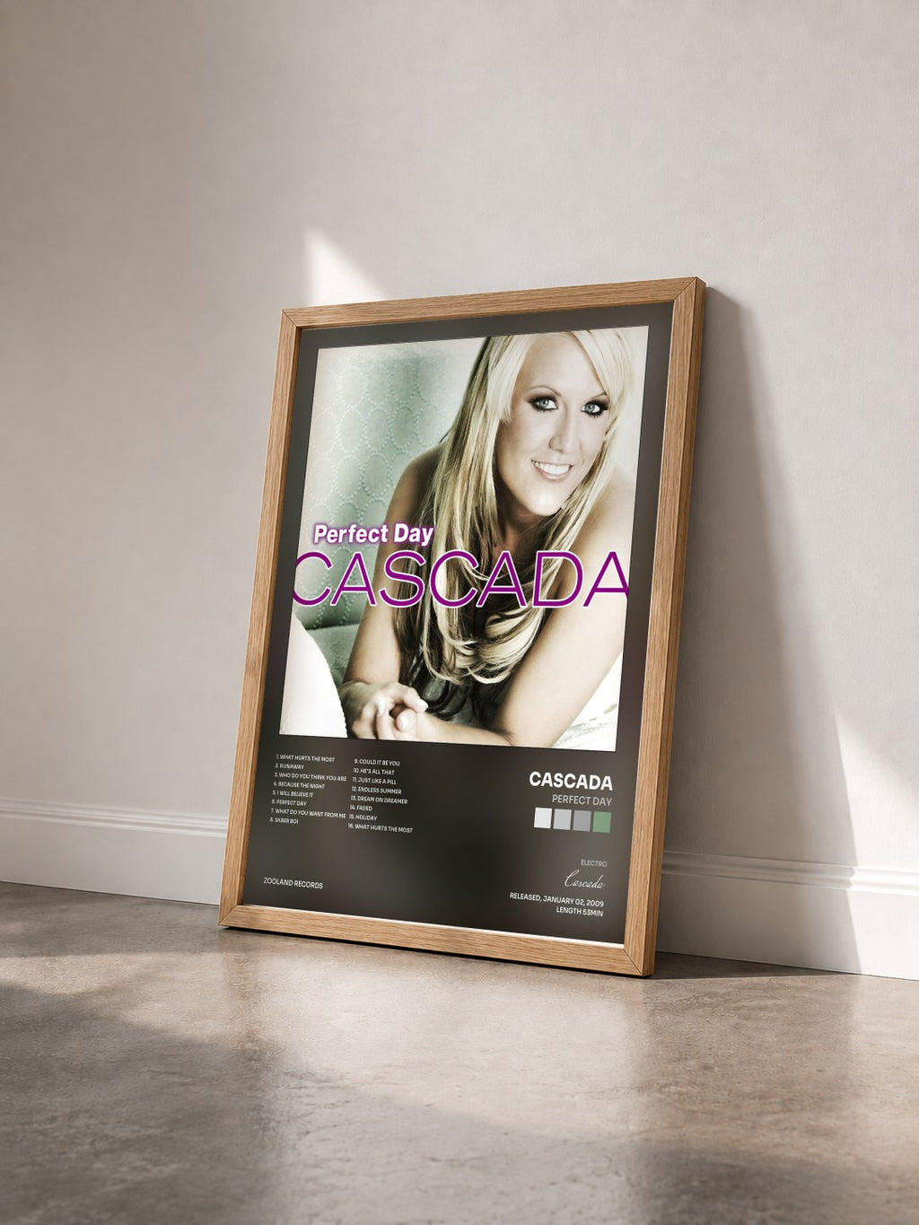 #bois Tableau de l'album Perfect Day de Cascada vu de trois quarts, cadre en bois brut