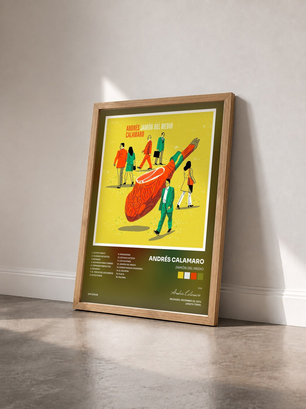 #bois Tableau de l'album Jamón del medio de Andrés Calamaro vu de trois quarts, cadre en bois brut