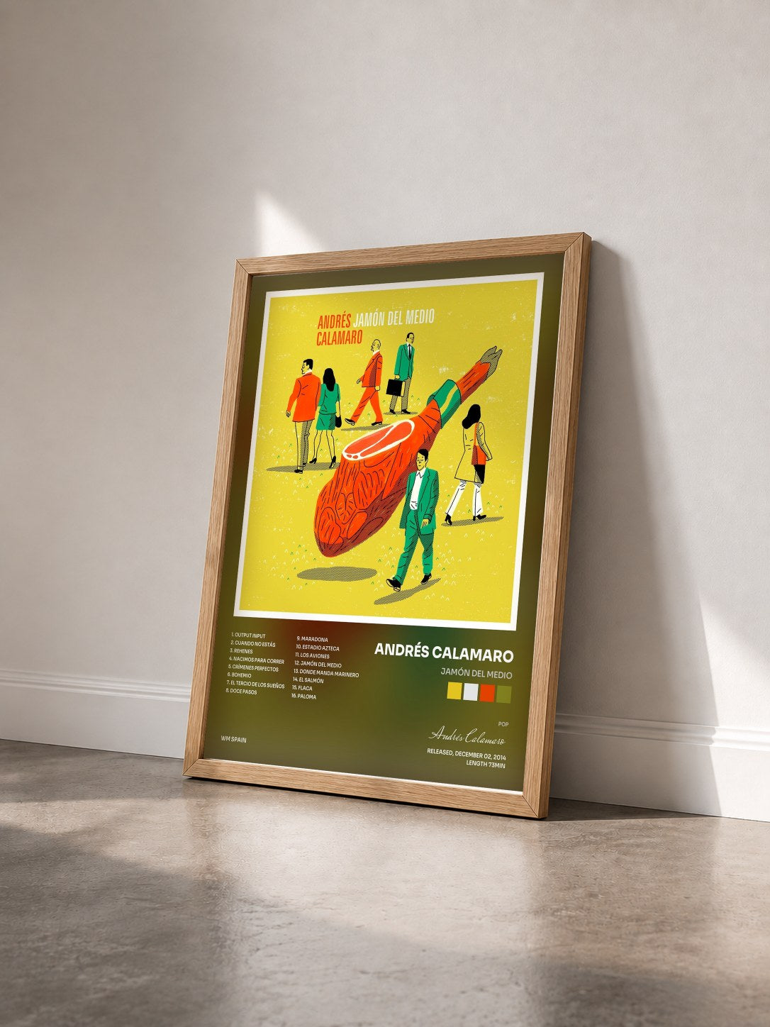 #bois Tableau de l'album Jamón del medio de Andrés Calamaro vu de trois quarts, cadre en bois brut