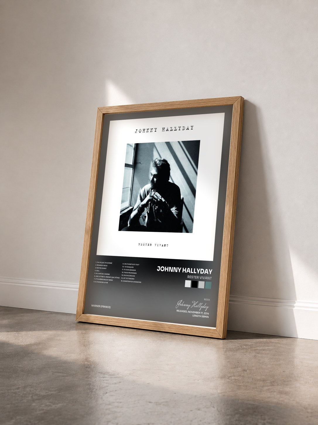 #bois Tableau de l'album Rester vivant de Johnny Hallyday vu de trois quarts, cadre en bois brut