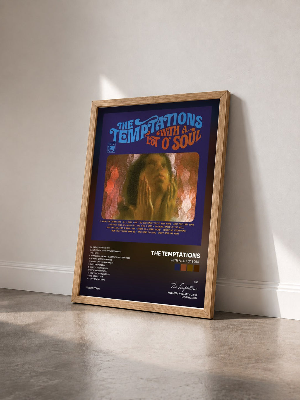 #bois Tableau de l'album With A Lot O' Soul de The Temptations vu de trois quarts, cadre en bois brut