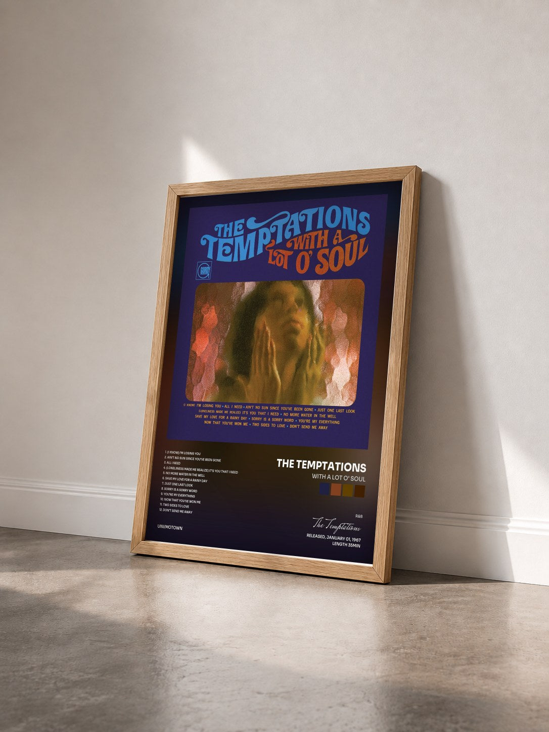 #bois Tableau de l'album With A Lot O' Soul de The Temptations vu de trois quarts, cadre en bois brut