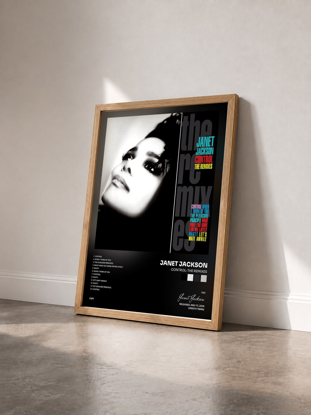 #bois Tableau de l'album Control: The Remixes de Janet Jackson vu de trois quarts, cadre en bois brut